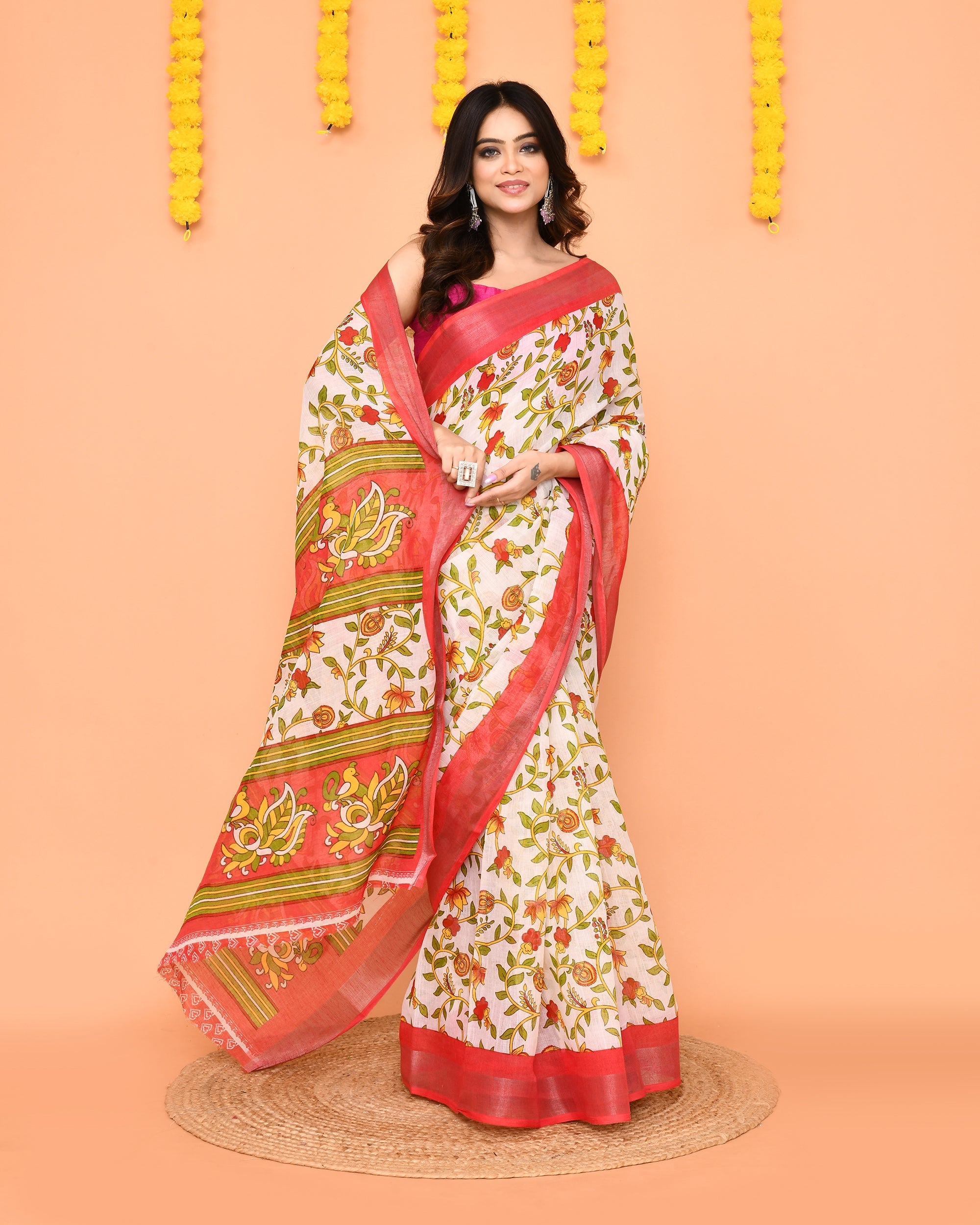 Piyari Fashion Women's Off White Printed Cotton Saree With Zari Border | Grocsy