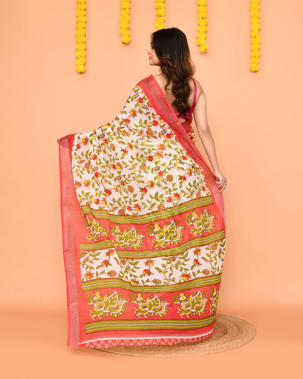 Piyari Fashion Women's Off White Printed Cotton Saree With Zari Border | Grocsy