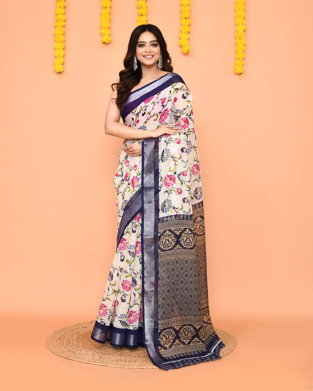 Piyari Fashion Women's Off White Printed Cotton Saree With Zari Border | Grocsy
