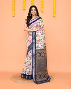 Piyari Fashion Women's Off White Printed Cotton Saree With Zari Border | Grocsy