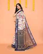 Piyari Fashion Women's Off White Printed Cotton Saree With Zari Border | Grocsy