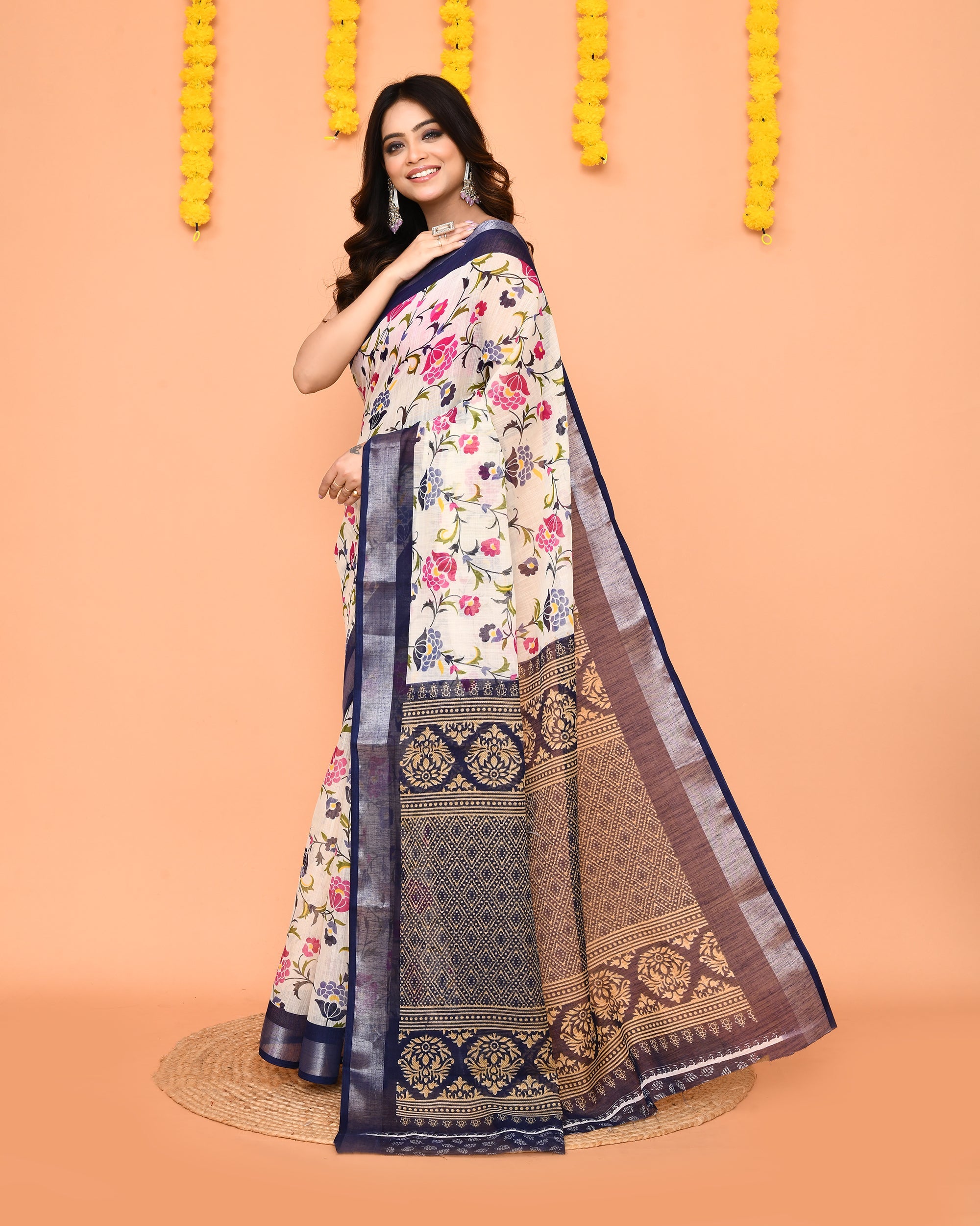 Piyari Fashion Women's Off White Printed Cotton Saree With Zari Border | Grocsy