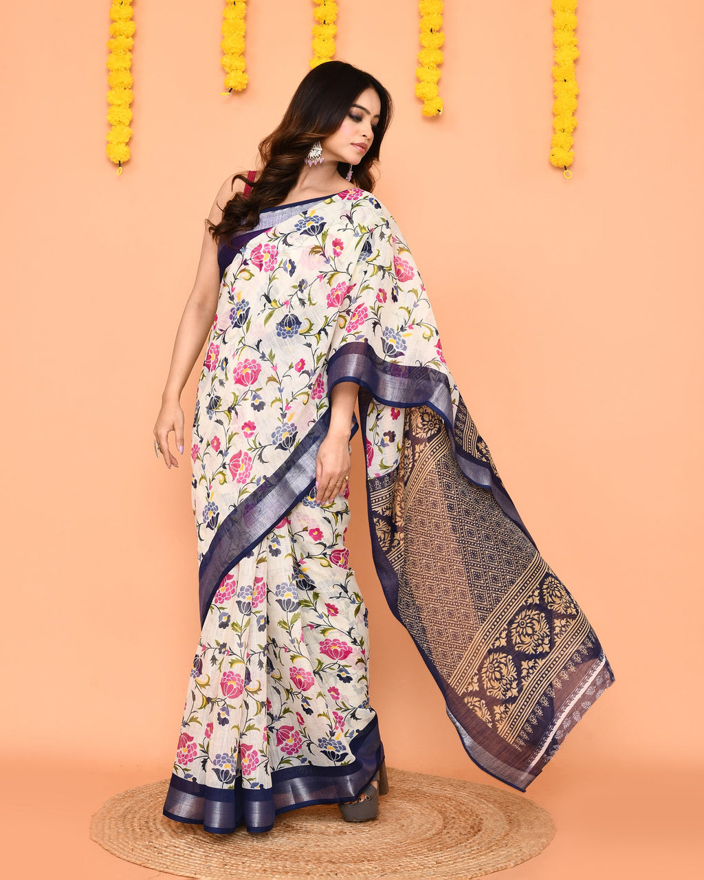 Piyari Fashion Women's Off White Printed Cotton Saree With Zari Border | Grocsy