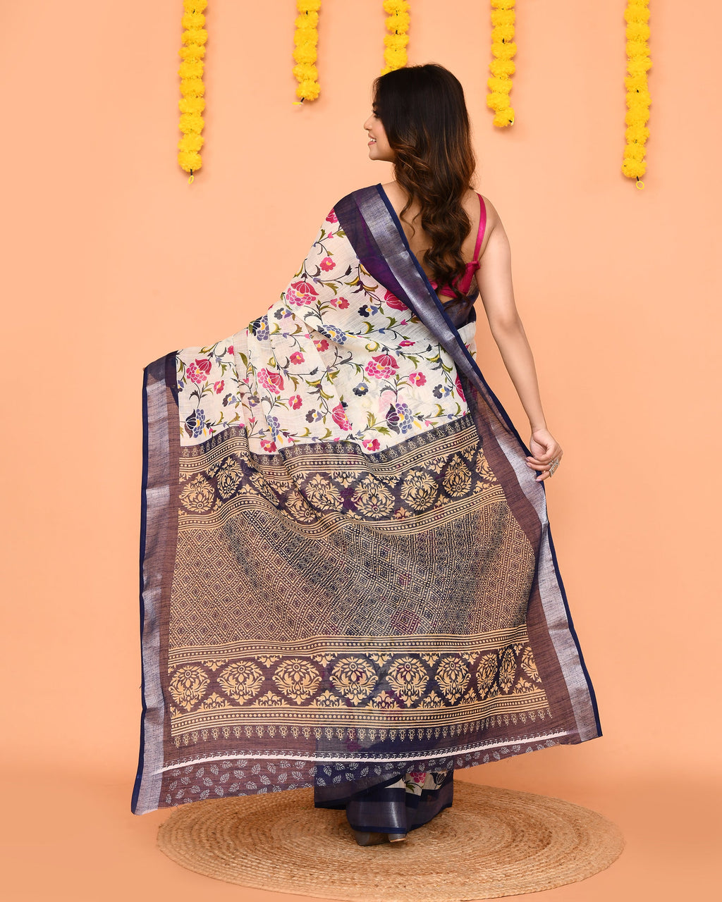 Piyari Fashion Women's Off White Printed Cotton Saree With Zari Border | Grocsy