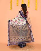 Piyari Fashion Women's Off White Printed Cotton Saree With Zari Border | Grocsy