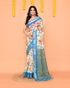 Piyari Fashion Women's Off White Printed Cotton Saree With Zari Border | Grocsy