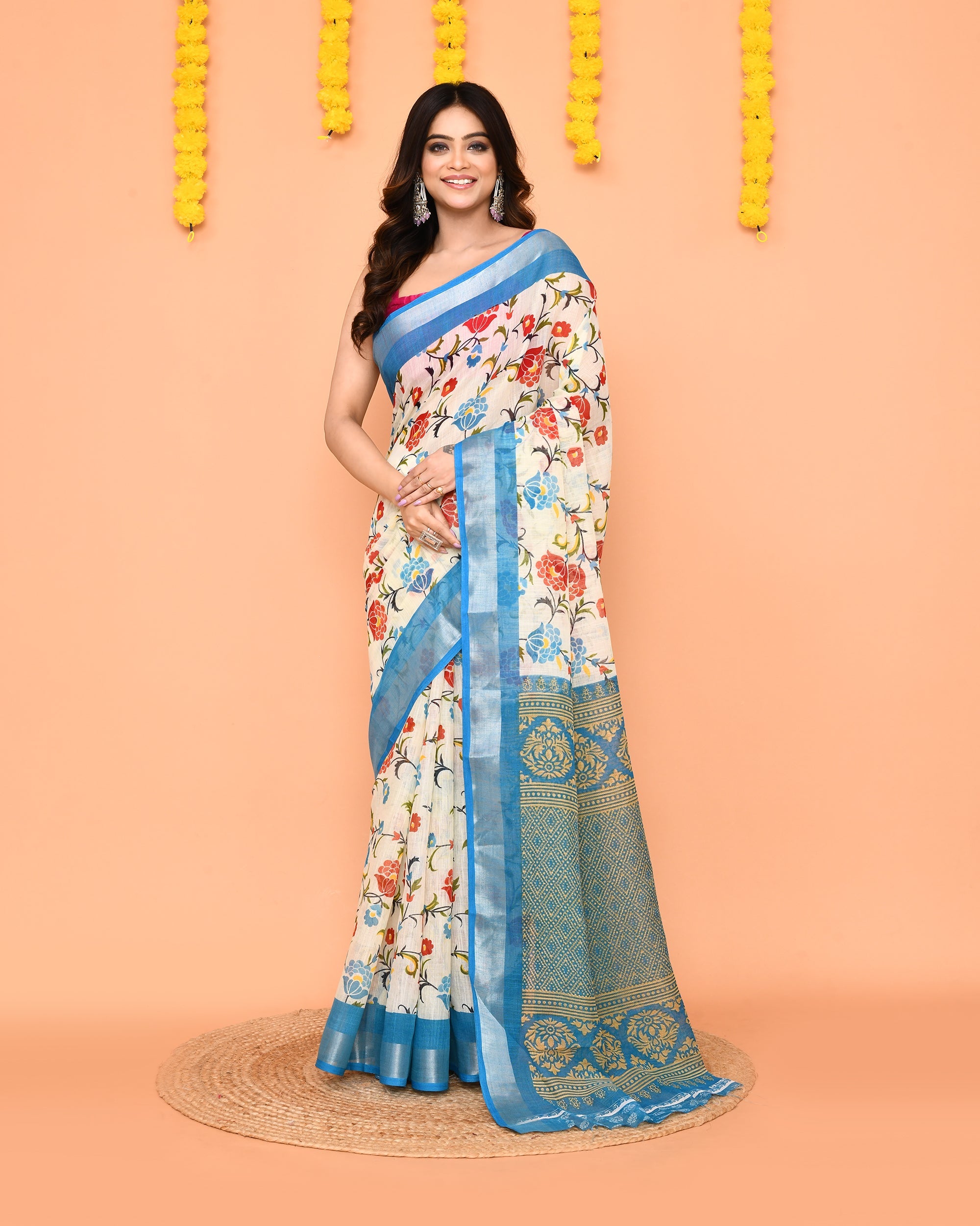 Piyari Fashion Women's Off White Printed Cotton Saree With Zari Border | Grocsy