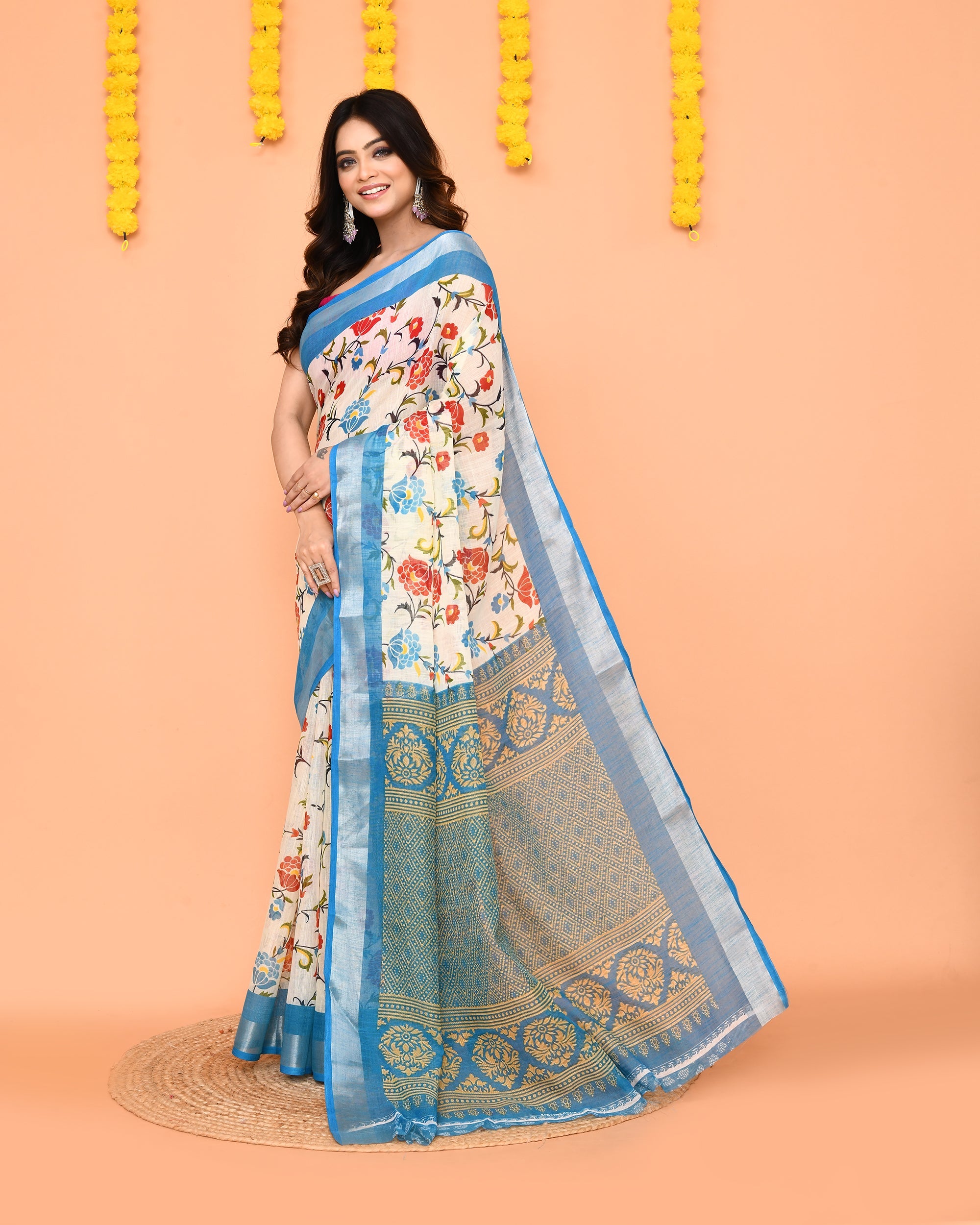 Piyari Fashion Women's Off White Printed Cotton Saree With Zari Border | Grocsy