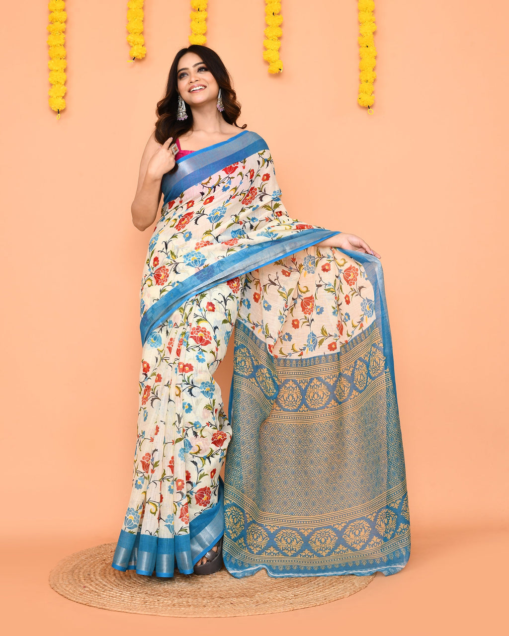 Piyari Fashion Women's Off White Printed Cotton Saree With Zari Border | Grocsy