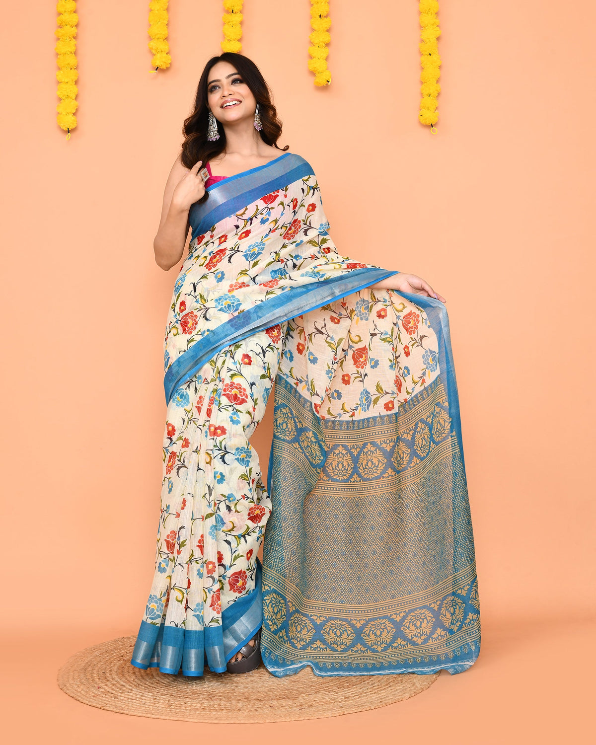 Piyari Fashion Women's Off White Printed Cotton Saree With Zari Border | Grocsy