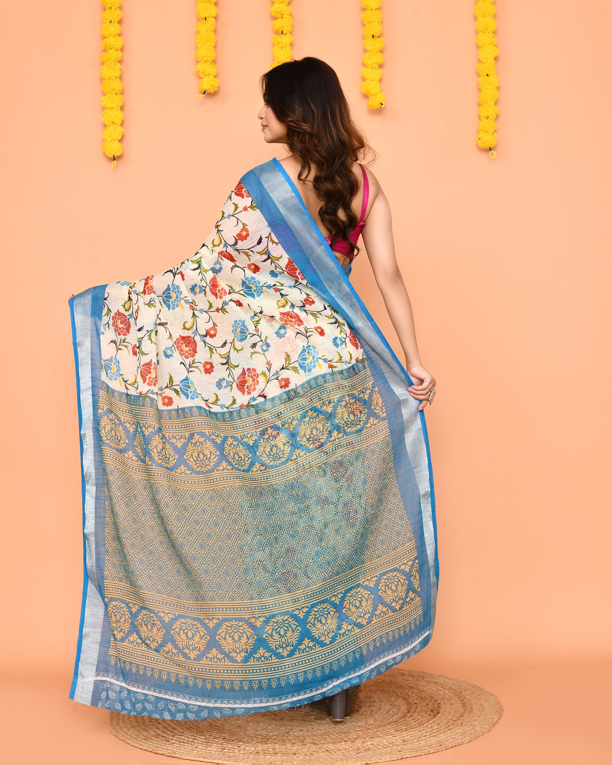 Piyari Fashion Women's Off White Printed Cotton Saree With Zari Border | Grocsy