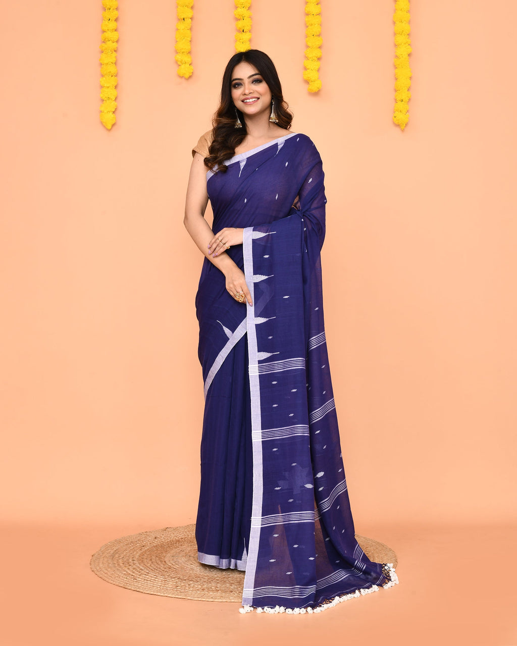 Piyari Fashion Soft Mul Cotton Blue Jamdani Saree With Net Tassels | Grocsy