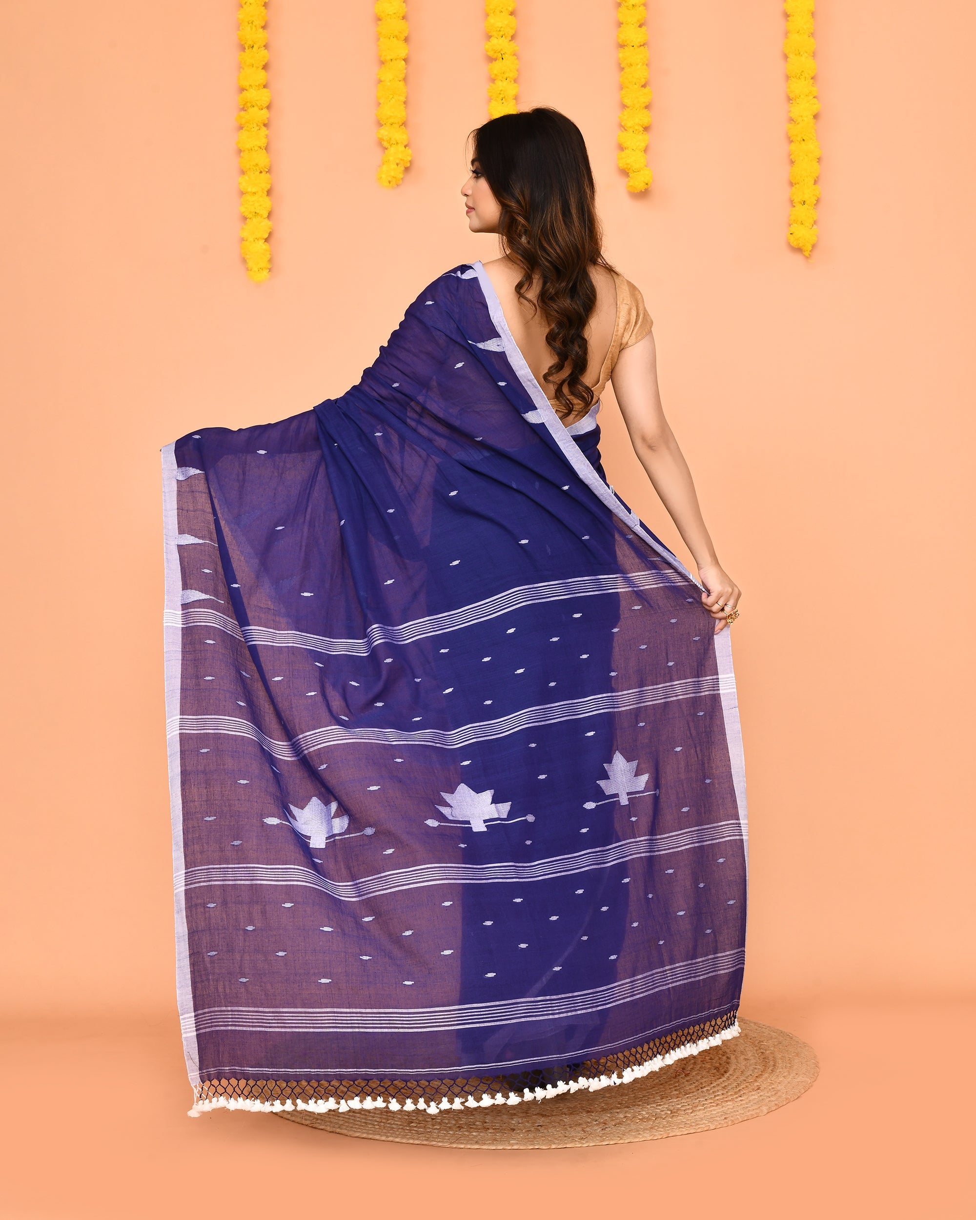 Piyari Fashion Soft Mul Cotton Blue Jamdani Saree With Net Tassels | Grocsy