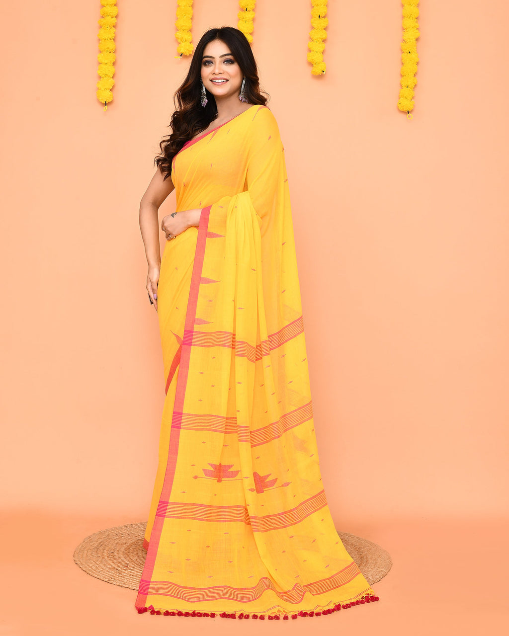 Piyari Fashion Soft Mul Cotton Yellow Jamdani Saree With Net Tassels | Grocsy