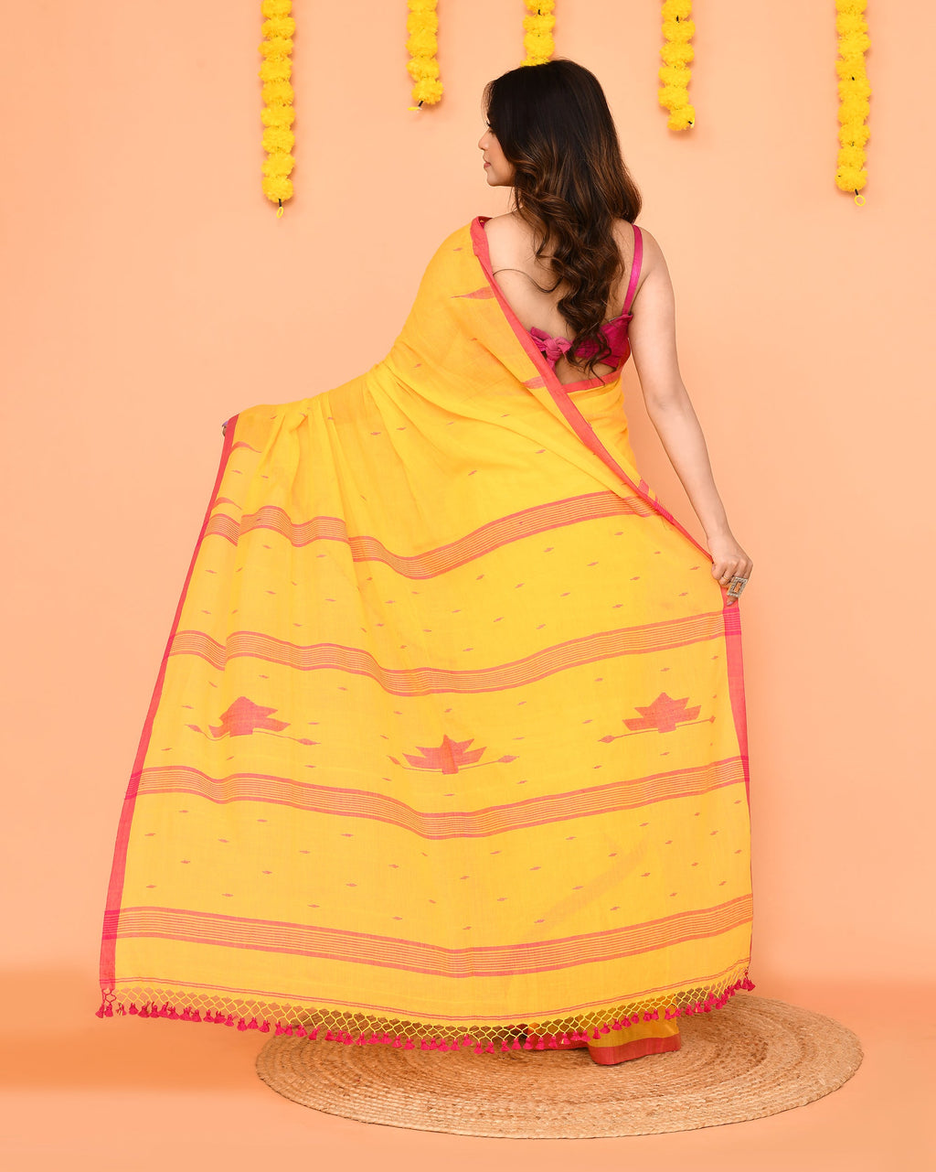 Piyari Fashion Soft Mul Cotton Yellow Jamdani Saree With Net Tassels | Grocsy