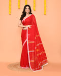 Piyari Fashion Soft Mul Cotton Red Jamdani Saree With Net Tassels | Grocsy