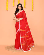 Piyari Fashion Soft Mul Cotton Red Jamdani Saree With Net Tassels | Grocsy