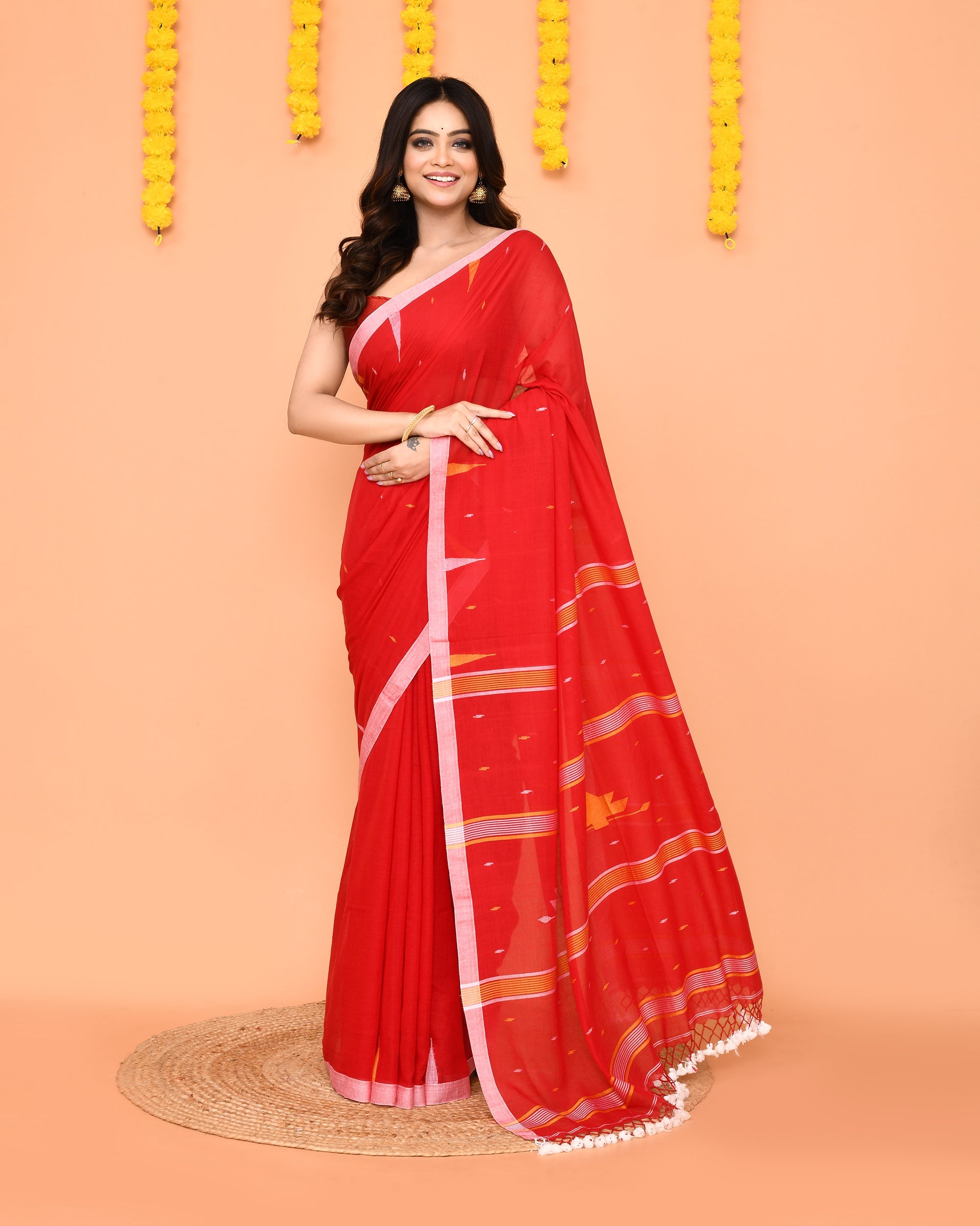 Piyari Fashion Soft Mul Cotton Red Jamdani Saree With Net Tassels | Grocsy