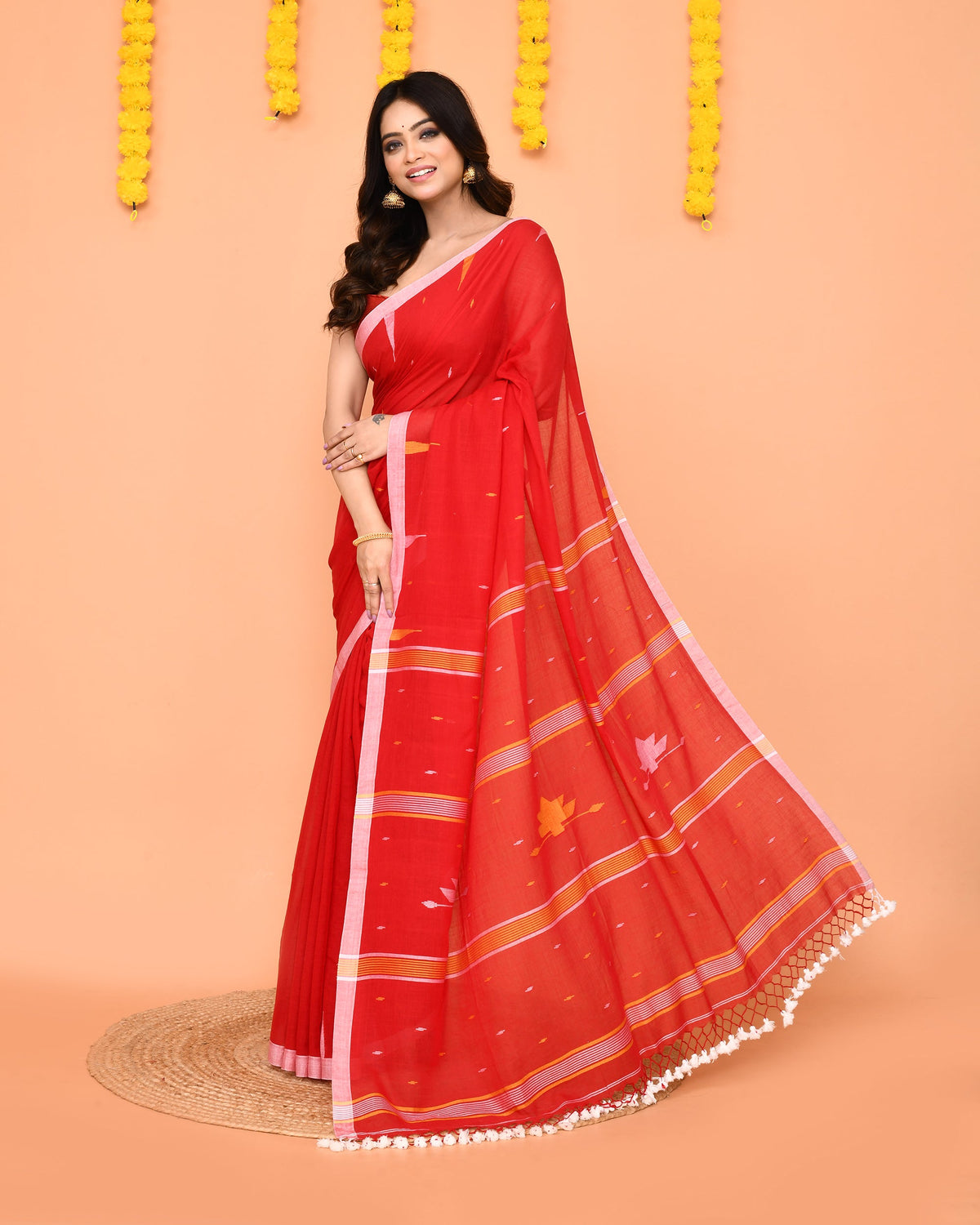 Piyari Fashion Soft Mul Cotton Red Jamdani Saree With Net Tassels | Grocsy