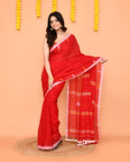 Piyari Fashion Soft Mul Cotton Red Jamdani Saree With Net Tassels | Grocsy
