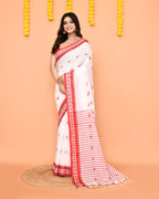 Piyari Fashion Women's White Cotton Handloom Saree | Grocsy