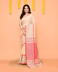 Piyari Fashion Women's Beige Cotton Handloom Saree With Tassels | Grocsy