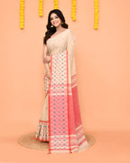 Piyari Fashion Women's Beige Cotton Handloom Saree With Tassels | Grocsy