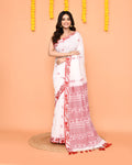 Piyari Fashion Women's White Cotton Handloom Saree With Tassels | Grocsy