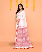 Piyari Fashion Women's White Cotton Handloom Saree With Tassels | Grocsy