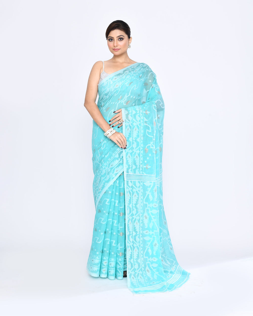 Piyari Fashion Women's Aqua Embellished Cotton Blend Jamdani Saree | Grocsy