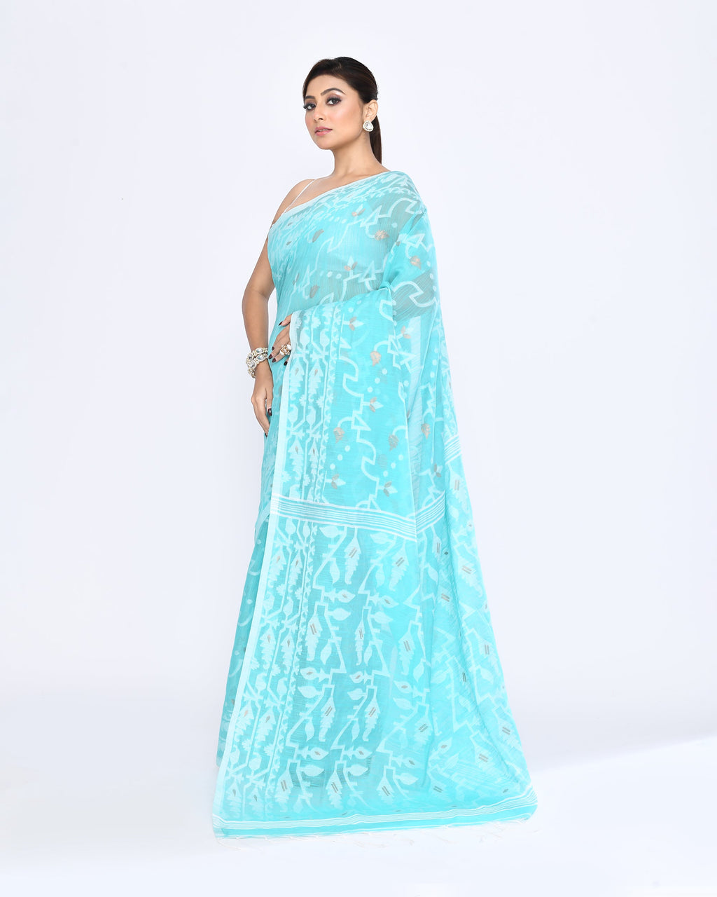 Piyari Fashion Women's Aqua Embellished Cotton Blend Jamdani Saree | Grocsy