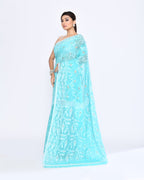 Piyari Fashion Women's Aqua Embellished Cotton Blend Jamdani Saree | Grocsy