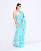 Piyari Fashion Women's Aqua Embellished Cotton Blend Jamdani Saree | Grocsy