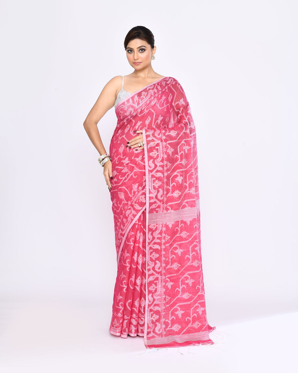 Piyari Fashion Women's Pink Embellished Cotton Blend Jamdani Saree | Grocsy