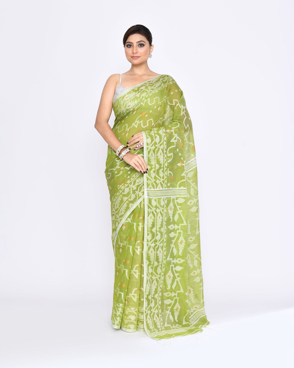 Piyari Fashion Women's Moss Green Embellished Cotton Blend Jamdani Saree | Grocsy