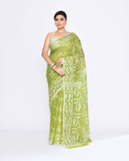 Piyari Fashion Women's Moss Green Embellished Cotton Blend Jamdani Saree | Grocsy