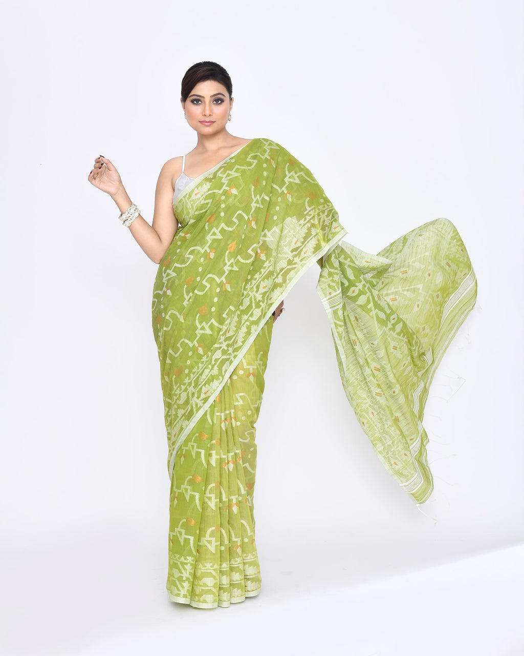 Piyari Fashion Women's Moss Green Embellished Cotton Blend Jamdani Saree | Grocsy