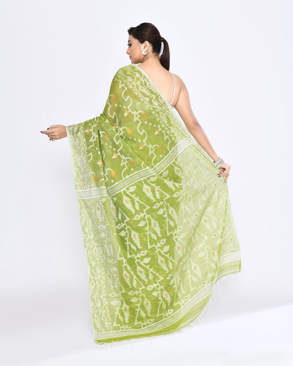 Piyari Fashion Women's Moss Green Embellished Cotton Blend Jamdani Saree | Grocsy