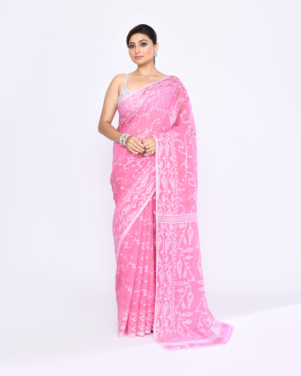 Piyari Fashion Women's Pink Embellished Cotton Blend Jamdani Saree | Grocsy