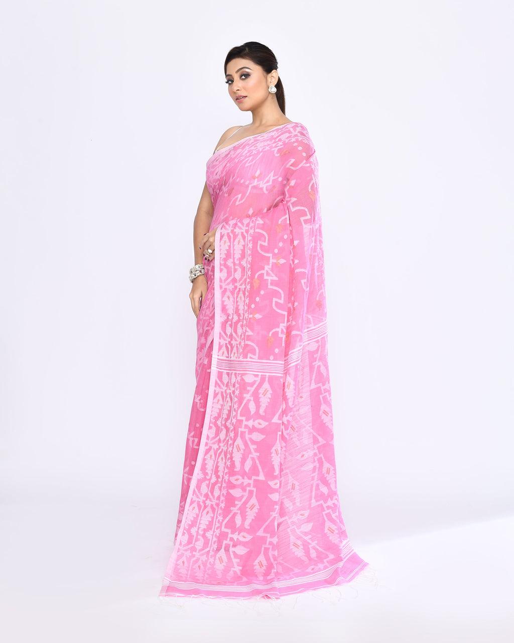 Piyari Fashion Women's Pink Embellished Cotton Blend Jamdani Saree | Grocsy