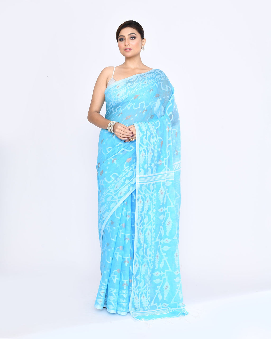 Piyari Fashion Women's Turquoise Embellished Cotton Blend Jamdani Saree | Grocsy