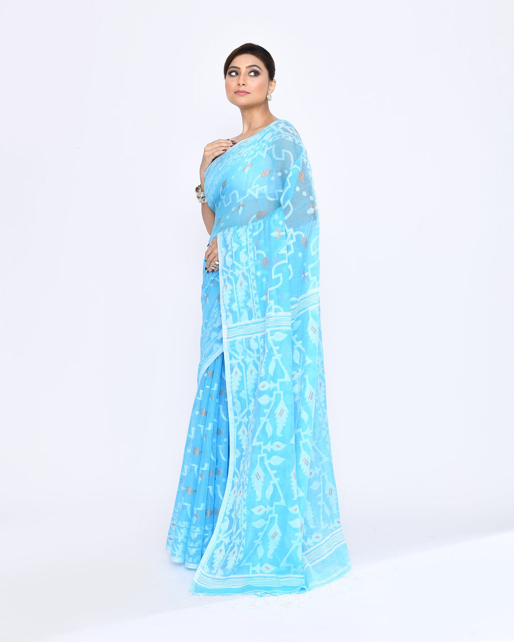 Piyari Fashion Women's Turquoise Embellished Cotton Blend Jamdani Saree | Grocsy