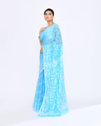 Piyari Fashion Women's Turquoise Embellished Cotton Blend Jamdani Saree | Grocsy