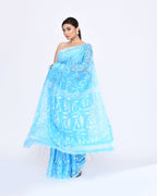 Piyari Fashion Women's Turquoise Embellished Cotton Blend Jamdani Saree | Grocsy