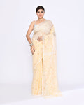 Piyari Fashion Women's Cream Embellished Cotton Blend Jamdani Saree | Grocsy