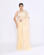 Piyari Fashion Women's Cream Embellished Cotton Blend Jamdani Saree | Grocsy