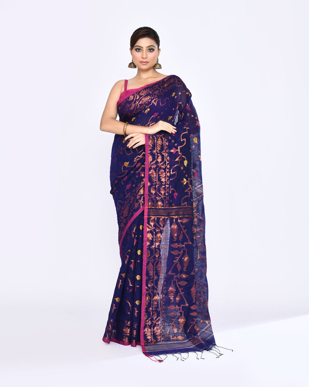Piyari Fashion Women's Blue Embellished Cotton Blend Jamdani Saree | Grocsy