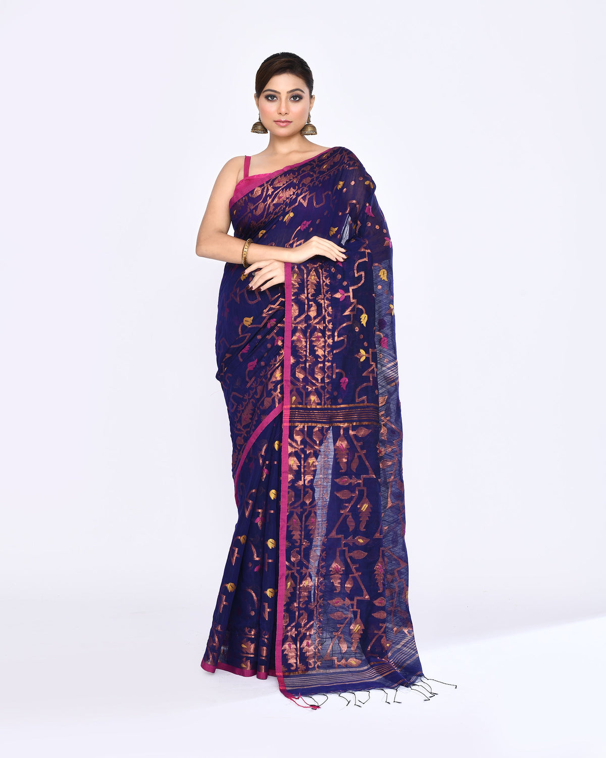 Piyari Fashion Women's Blue Embellished Cotton Blend Jamdani Saree | Grocsy