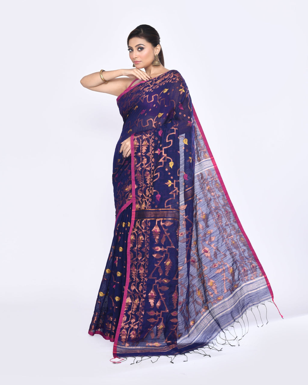 Piyari Fashion Women's Blue Embellished Cotton Blend Jamdani Saree | Grocsy