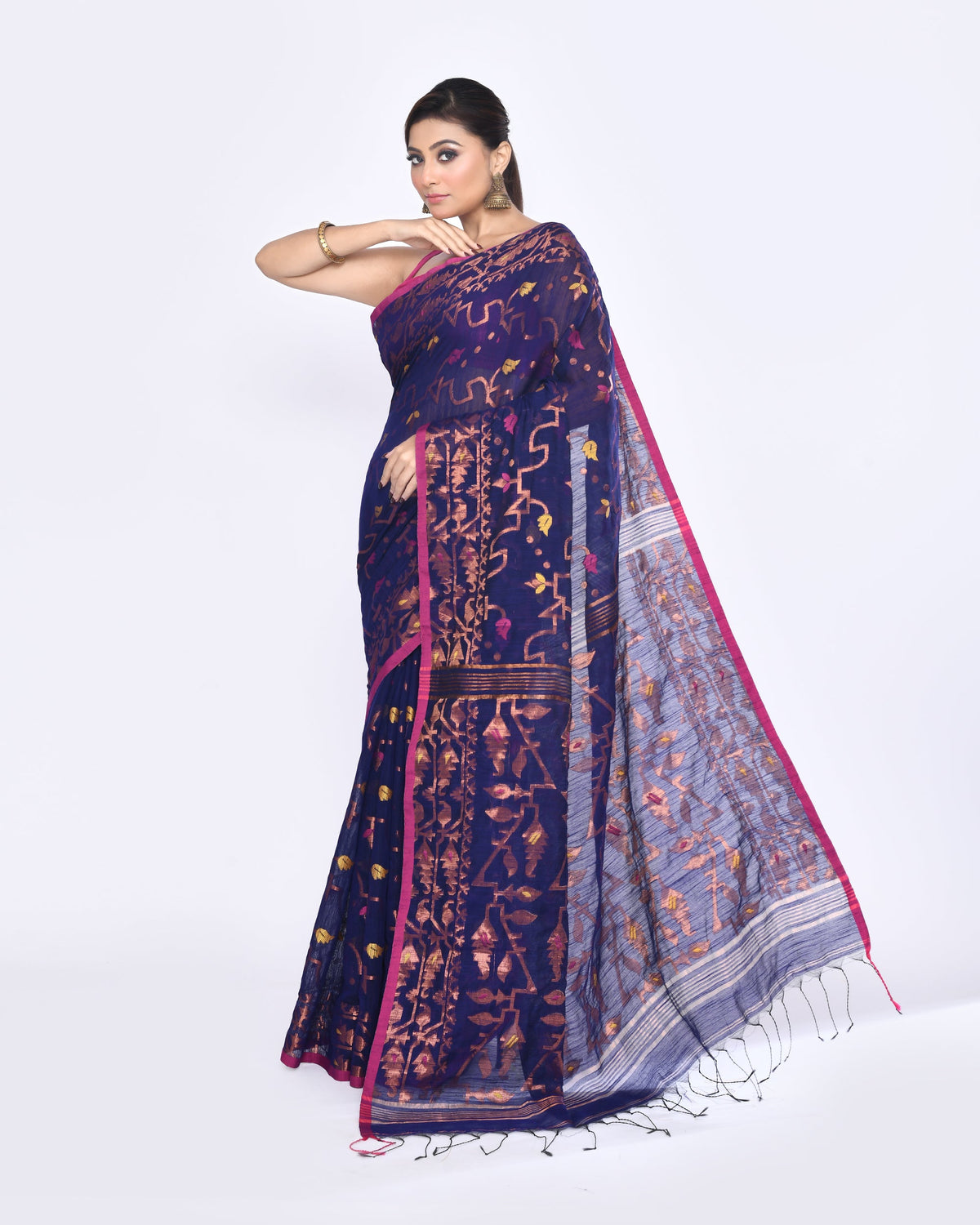 Piyari Fashion Women's Blue Embellished Cotton Blend Jamdani Saree | Grocsy